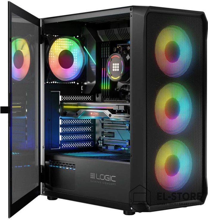 Zbliżenie na wnętrze obudowy komputera Pricemax AX9 ARGB, ukazujące procesor AMD Ryzen 5 i kartę graficzną GeForce RTX 3060 z 12GB VRAM.